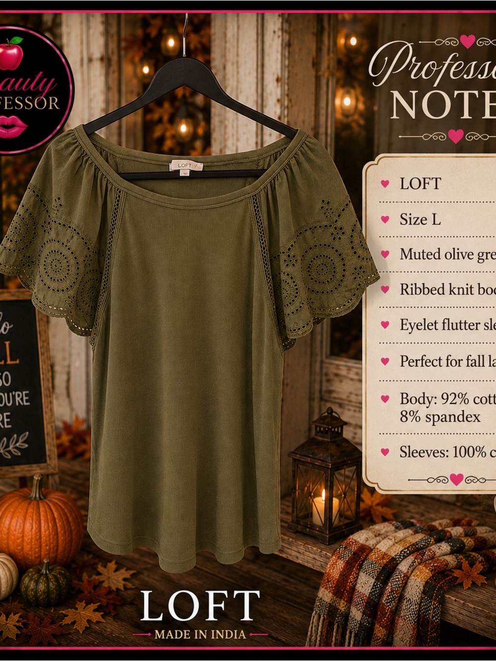 💞 LOFT Size L Olive Green Eyelet Flutter Sleeve Ribbed Knit Top